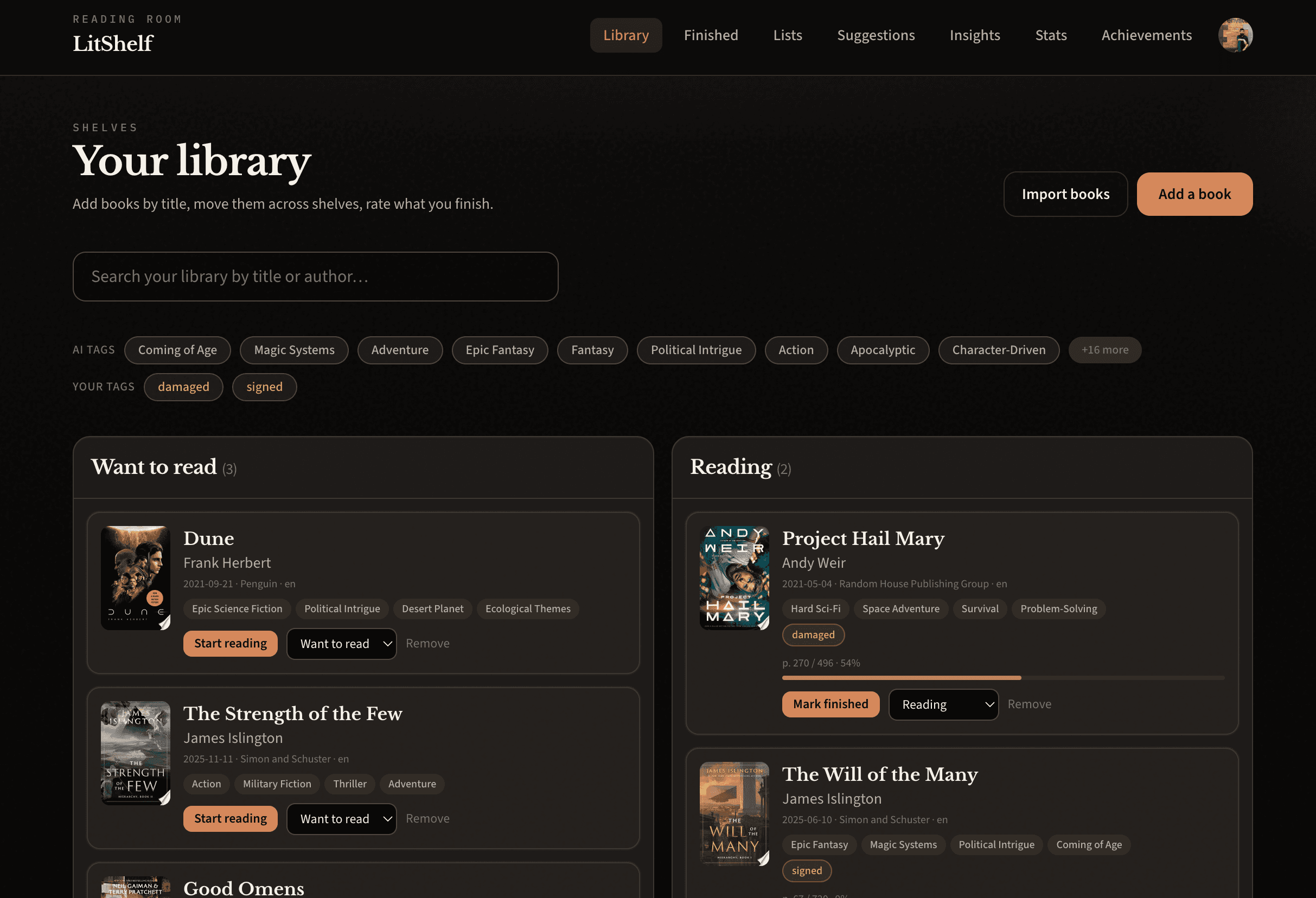 LitShelf library view with book shelves, ratings, and tag filters